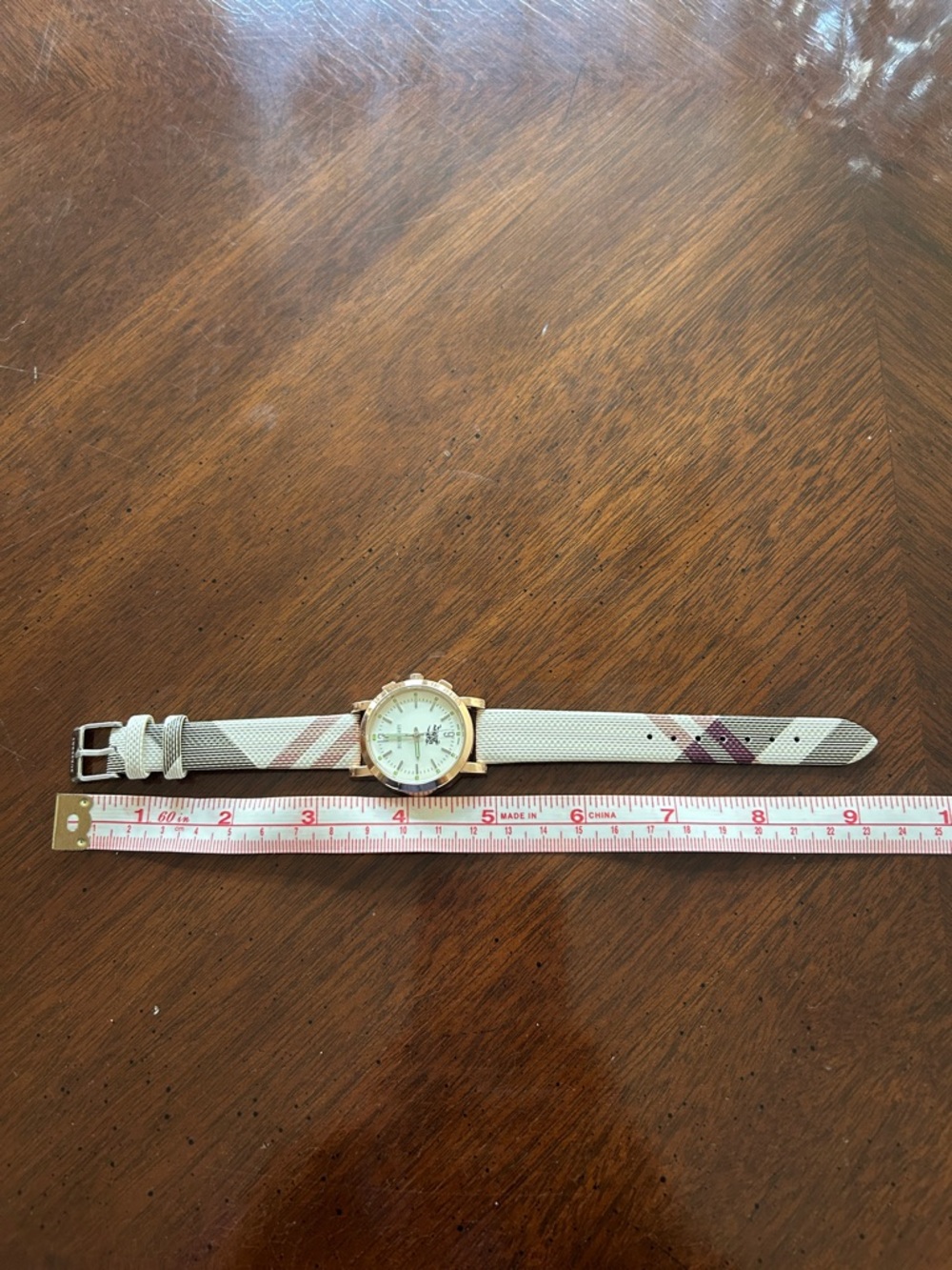 Burberry Gold Tone Case Ivory Plaid Strap Women's Watch